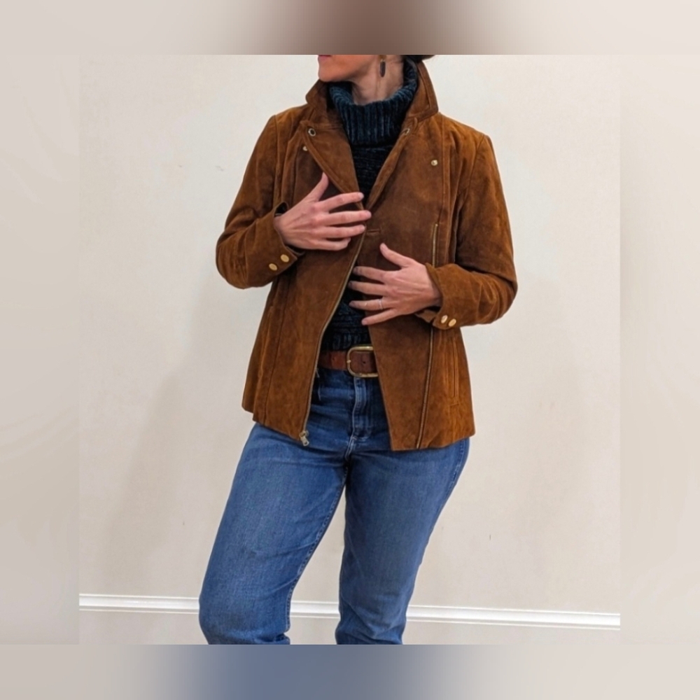 Gorgeous Isaac Mizrahi Leather Suede Motorcycle Moto Jacket Brown Gold Trim 12 - Picture 2 of 15